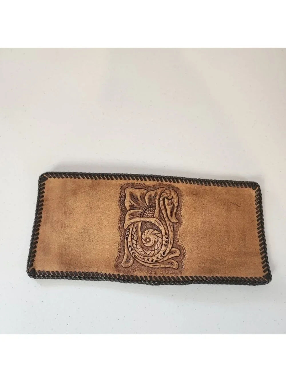 Vintage Tooled Brown Leather Wallet Mens Handmade 1970s Western Boho Cowboy 70s